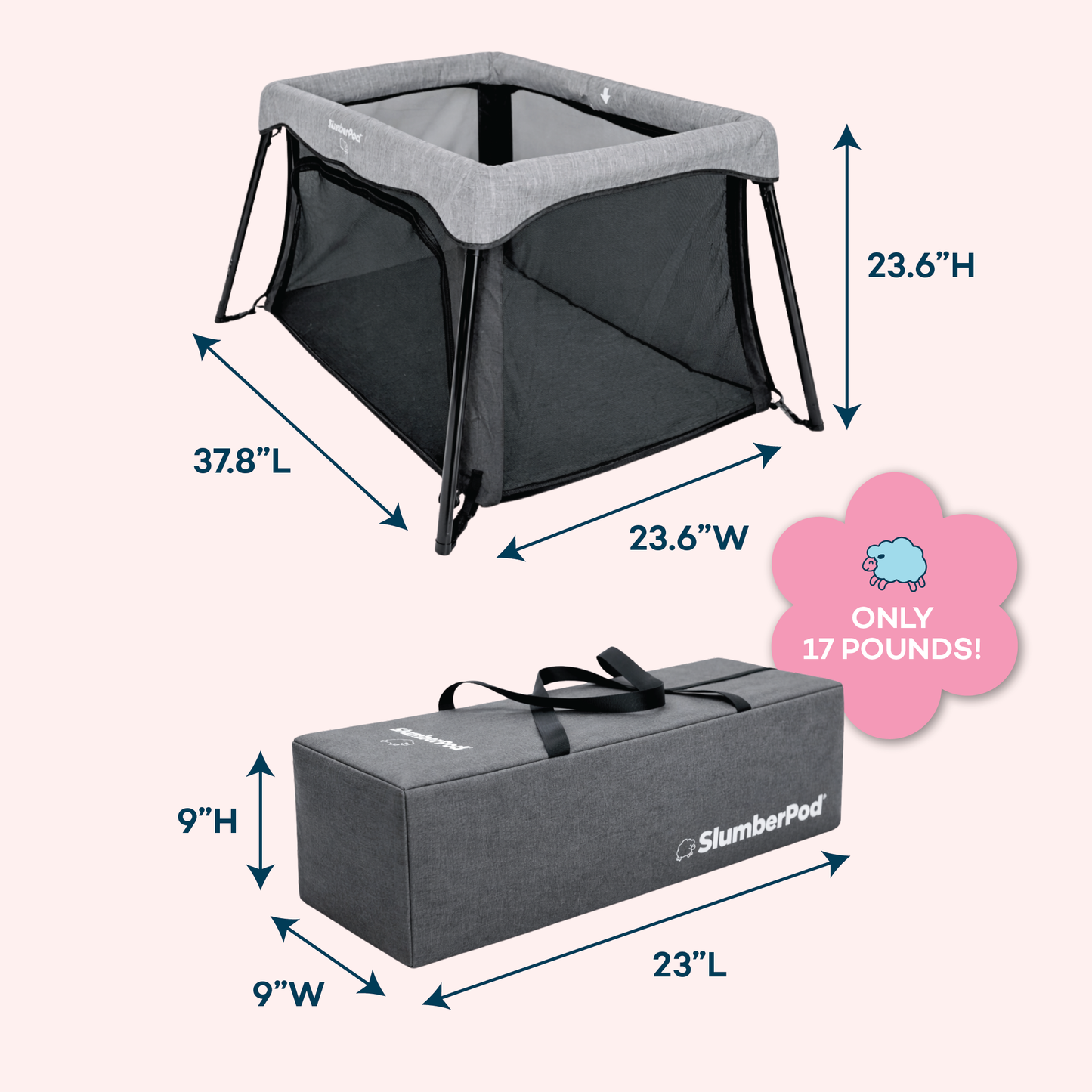 SlumberPod travel crib with dimensions and weight information on a white background