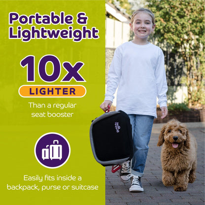 Infographic titled 'Portable & Lightweight' featuring a young girl walking a small brown dog while easily carrying a BubbleBum booster seat by its handle. Text states the seat is '10x lighter' than a regular seat booster and 'easily fits inside a backpack, purse or suitcase.