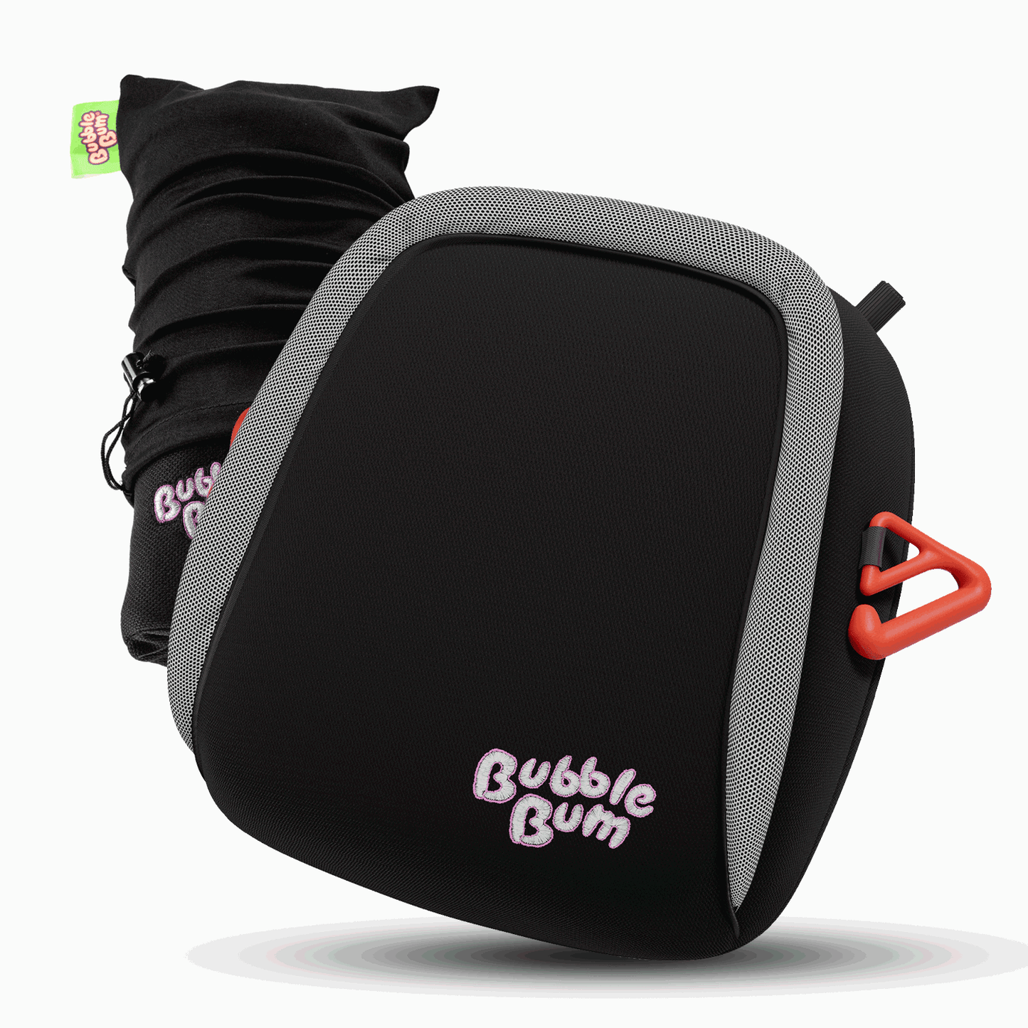 Black and gray seat cushion with 'BubbleBum' branding on a white background