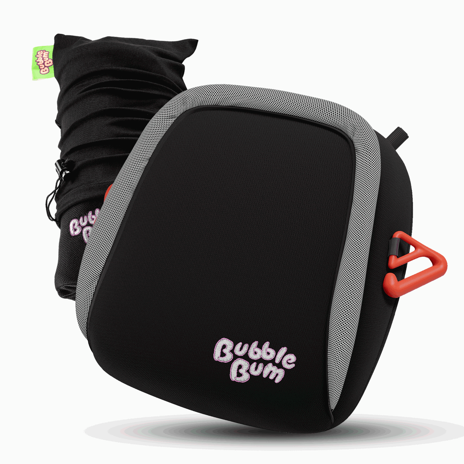 Black and gray seat cushion with 'BubbleBum' branding on a white background