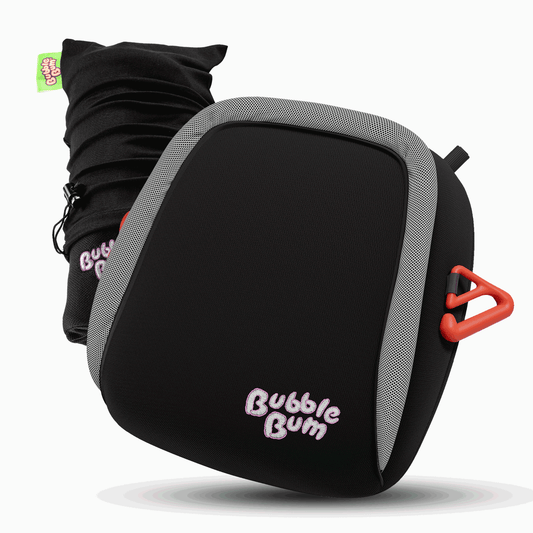 Black and gray seat cushion with 'BubbleBum' branding on a white background