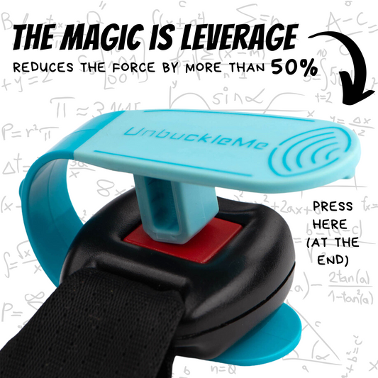 UnbuckleMe car seat belt safety device with mathematical equations in the background