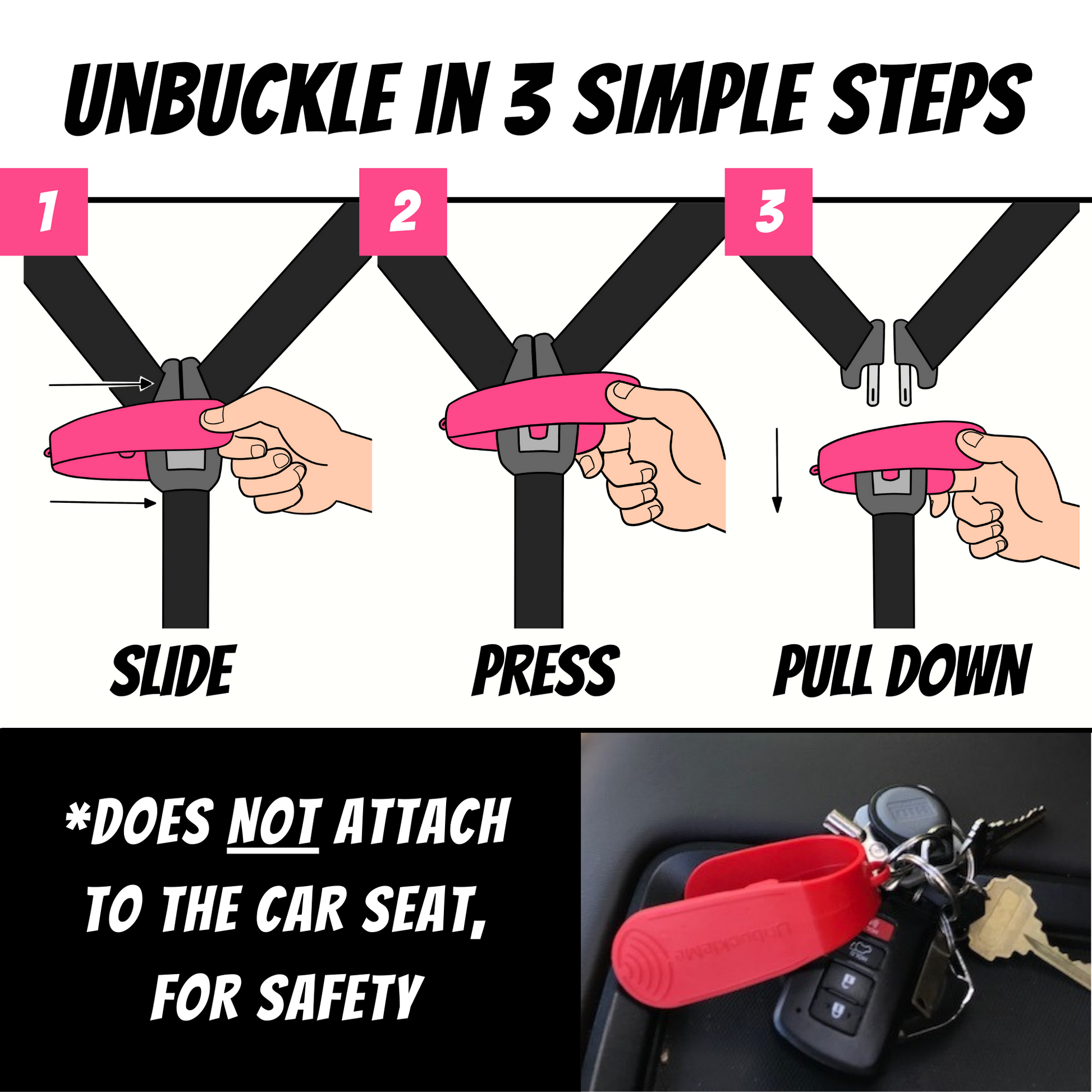 Step-by-step guide on how to unbuckle a seat belt with hands and a red unbuckle tool attached to keys.