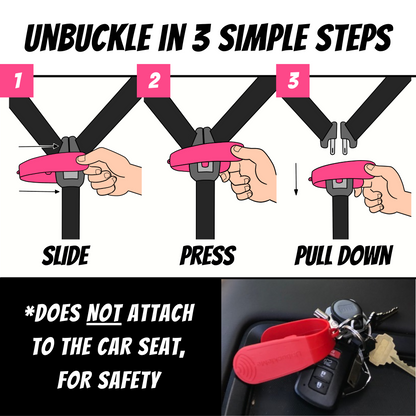 Step-by-step guide on how to unbuckle a seat belt with hands and a red unbuckle tool attached to keys.