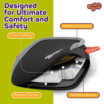 Infographic titled 'Designed for Ultimate Comfort and Safety' featuring a cross-section of a BubbleBum booster seat. Diagram labels highlight the foam padding, reinforced harness, inflatable chamber, and stabilizing section inside the black and grey seat.
