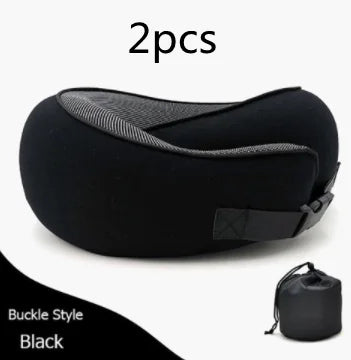 Black buckle-style travel neck pillow with storage bag.