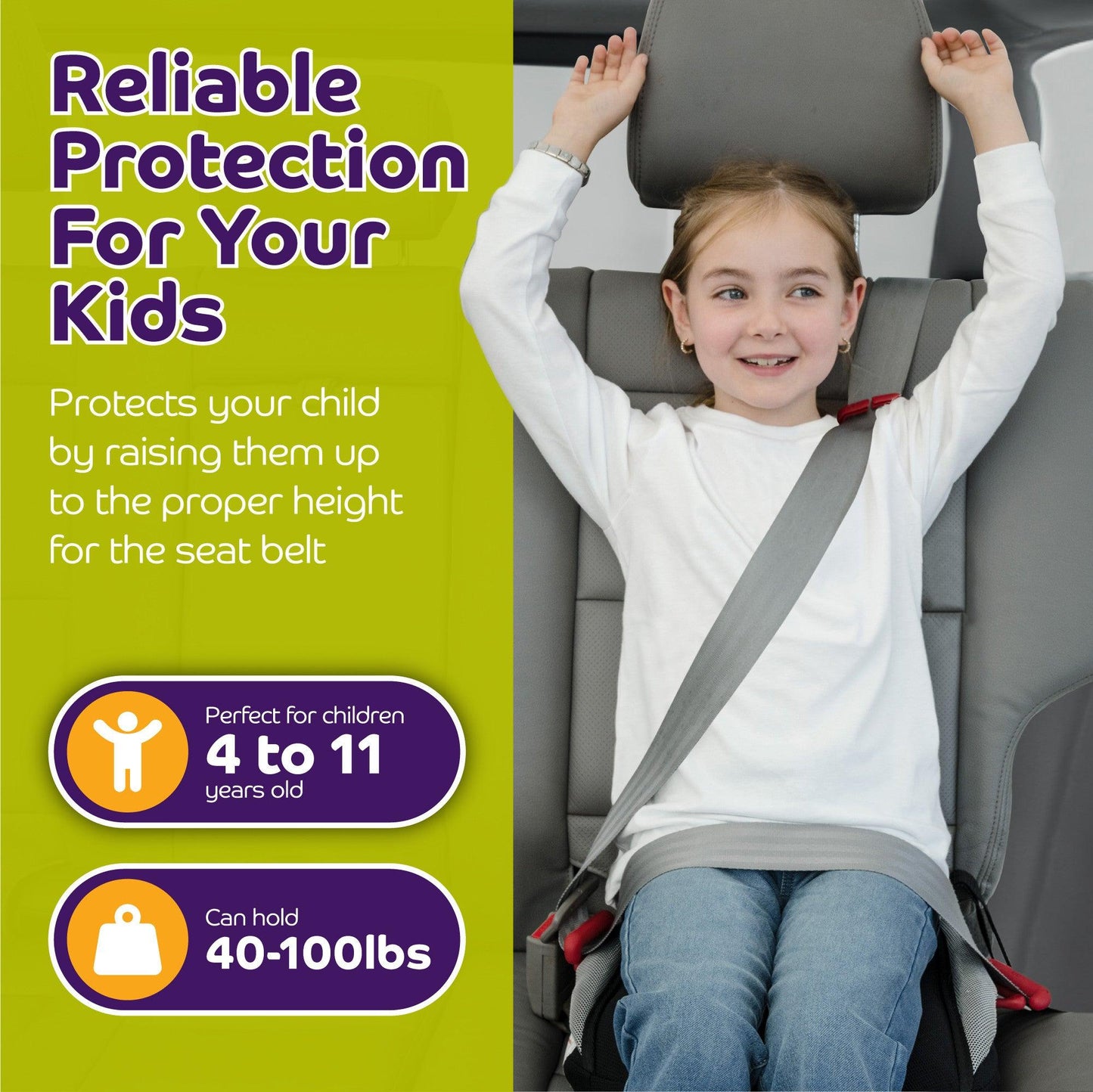 Infographic titled 'Reliable Protection For Your Kids' showing a young girl properly secured in a car with a seatbelt and booster seat. Text specifies the product protects children by raising them to the proper height and is perfect for ages 4 to 11, weighing 40 to 100 lbs.