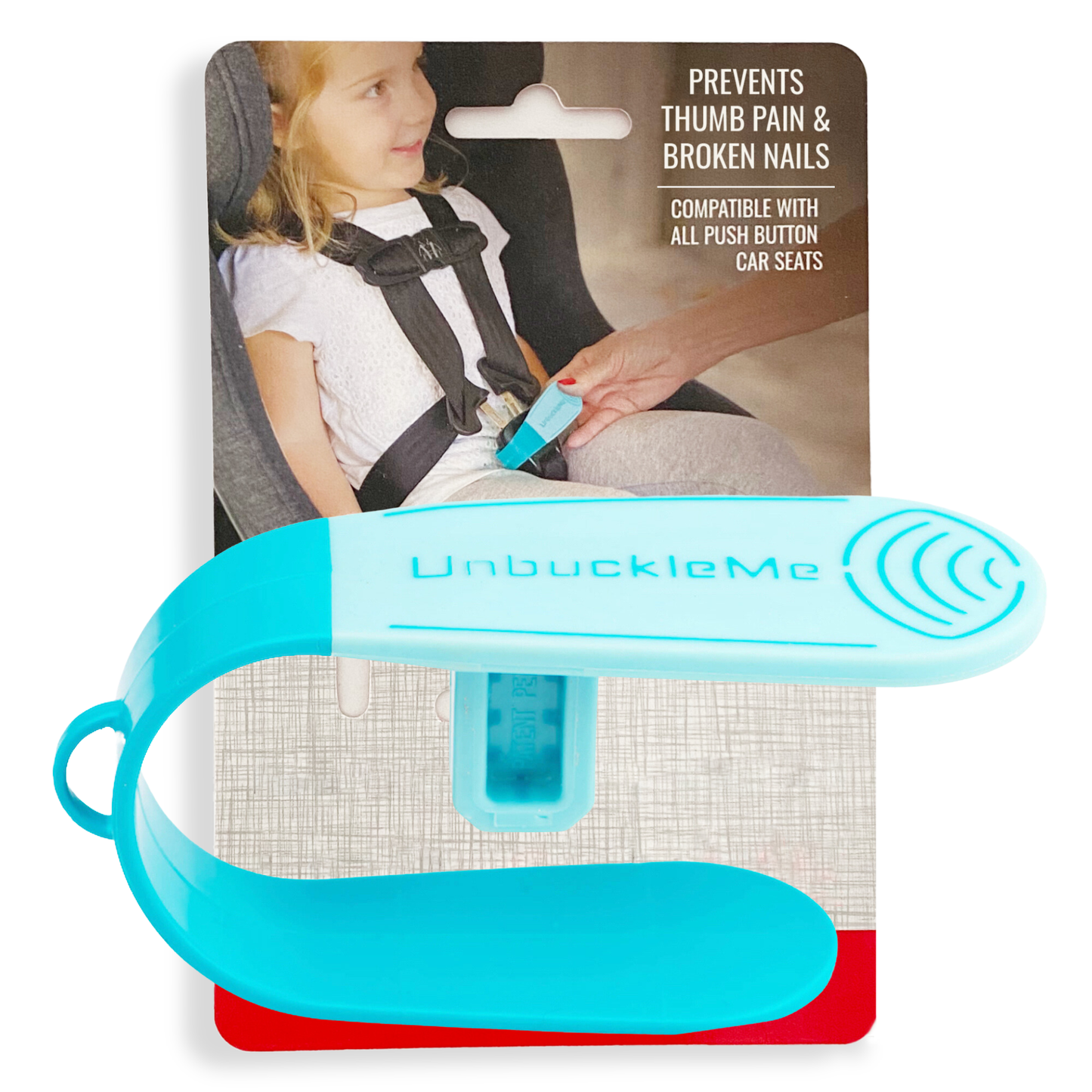 UnbuckleMe product with packaging showing a child in a car seat.