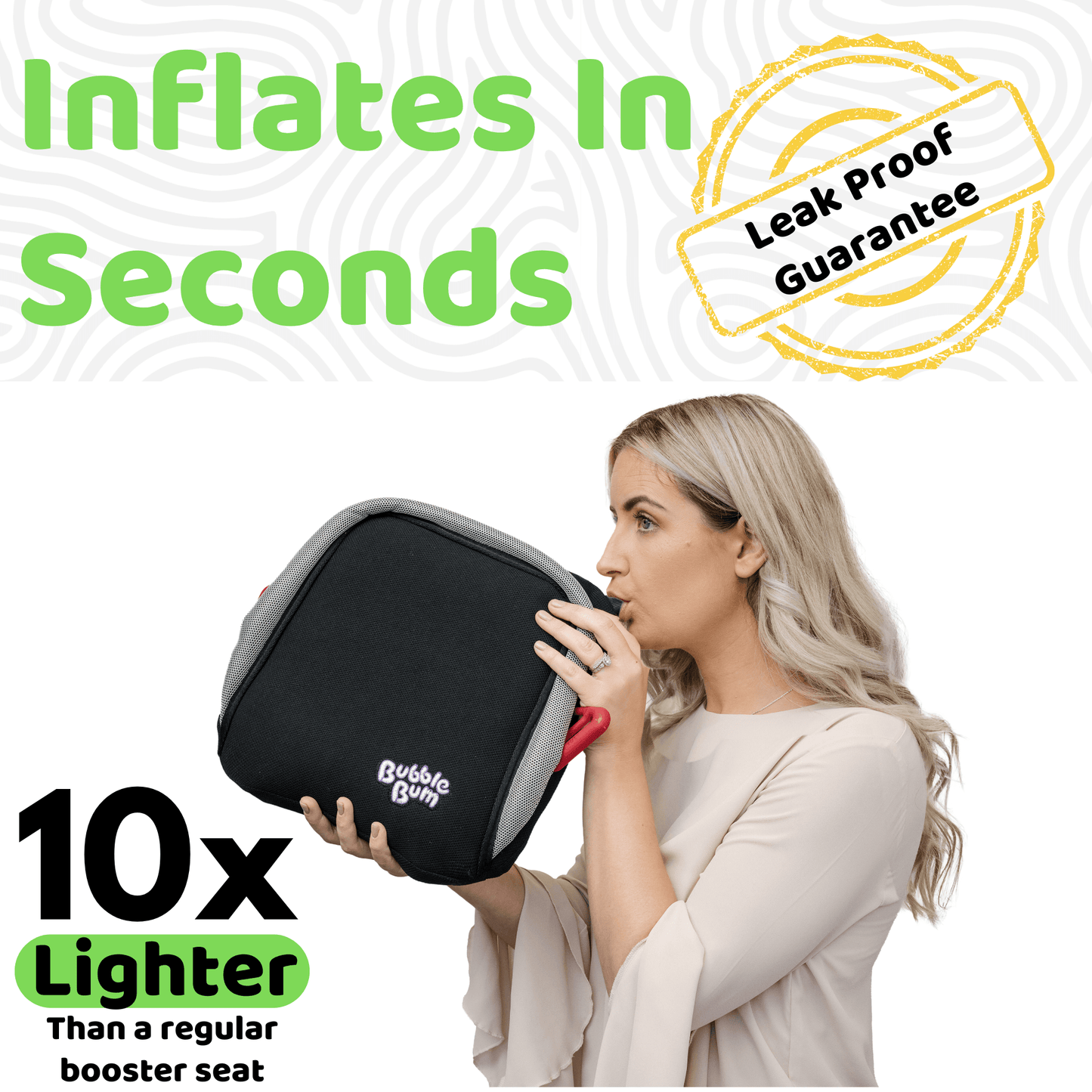 Woman holding a black inflatable product with promotional text on a white background