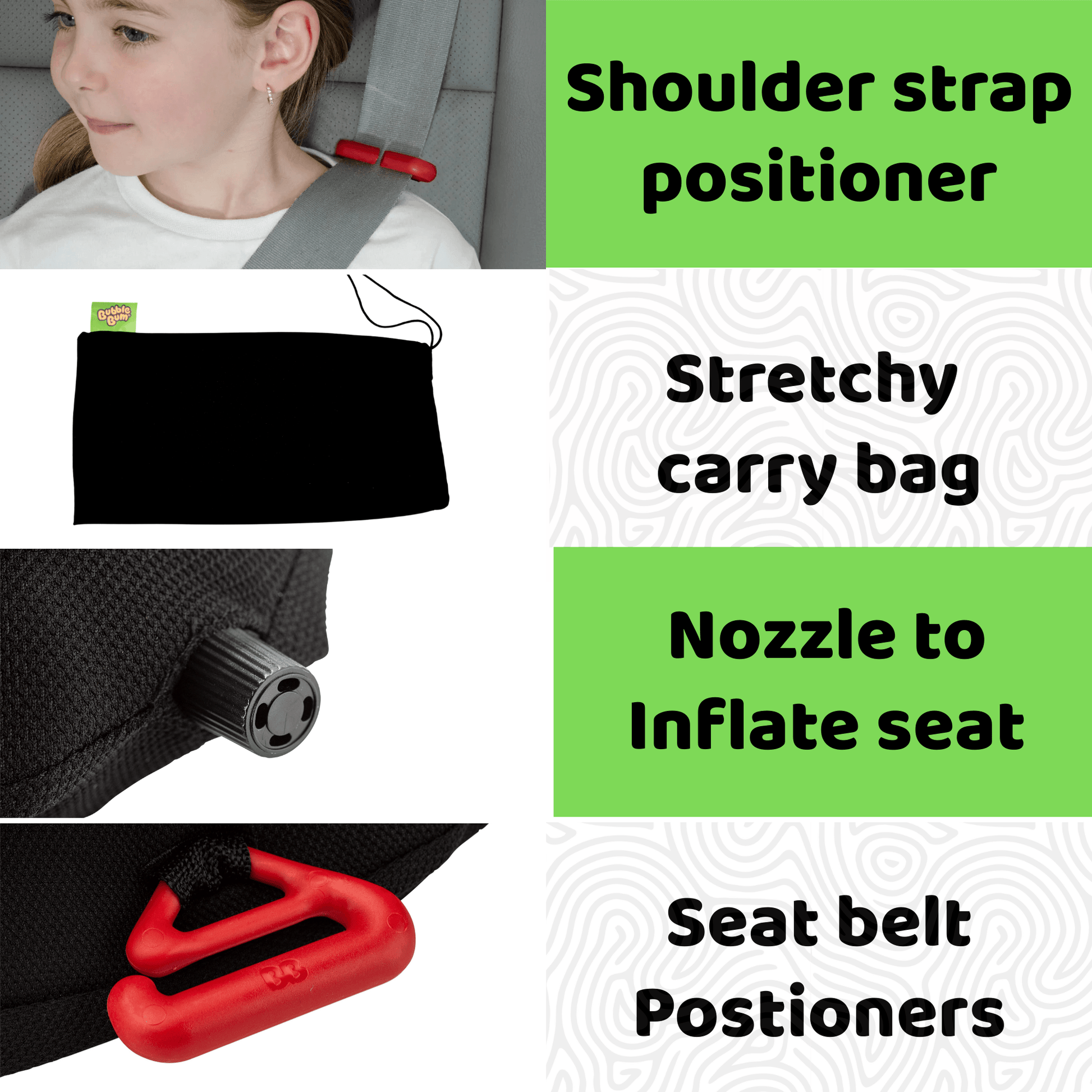 Child in a car seat with safety equipment and features listed on a white background.