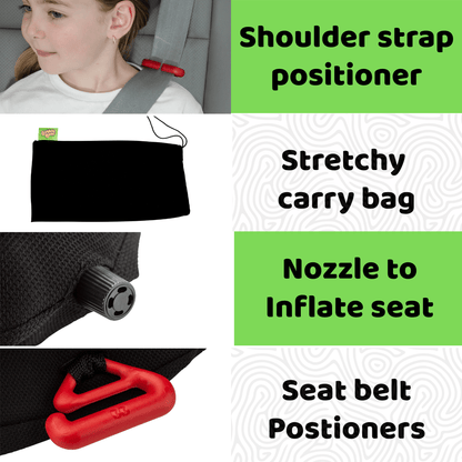 Child in a car seat with safety equipment and features listed on a white background.