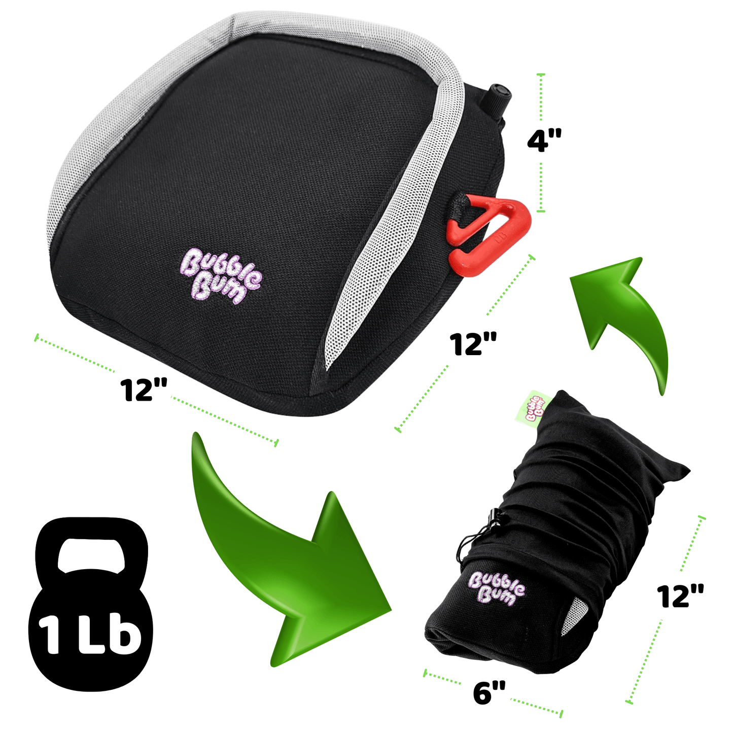 Black cushion with 'Bubble Bum' branding, red clip, and black wrap with measurements and weight indicator.