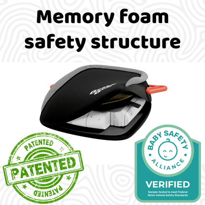Baby car seat with 'Patented' and 'Baby Safety Alliance Verified' logos on a white background