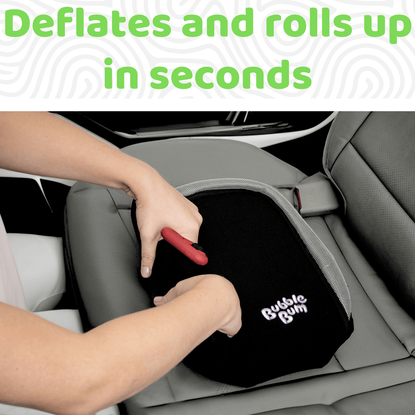 Car seat airbag deflator being used in a car seat with text 'Deflates and rolls up in seconds'.