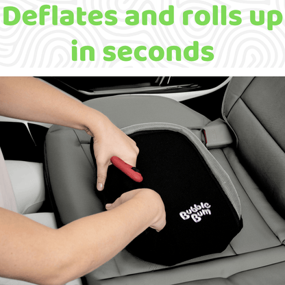 Car seat airbag deflator being used in a car seat with text 'Deflates and rolls up in seconds'.