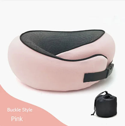 Pink buckle-style travel neck pillow with storage bag.