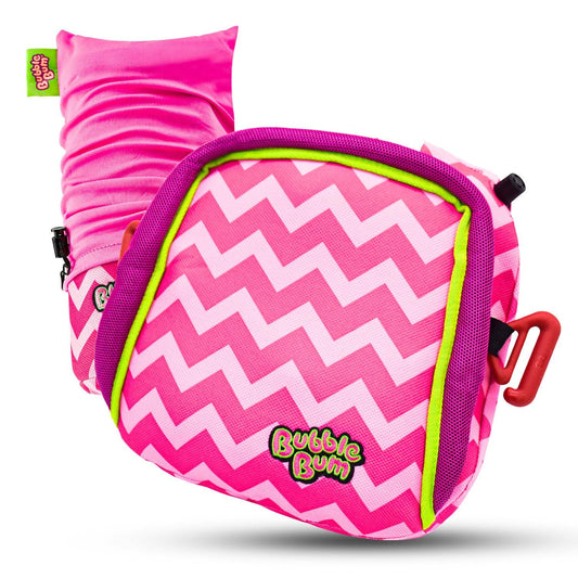 A pink inflatable car booster seat with chevron stripes and the BubbleBum logo on it.