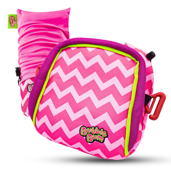 A pink inflatable car booster seat with chevron stripes and the BubbleBum logo on it.