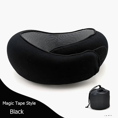 Black buckle-style travel neck pillow with storage bag.