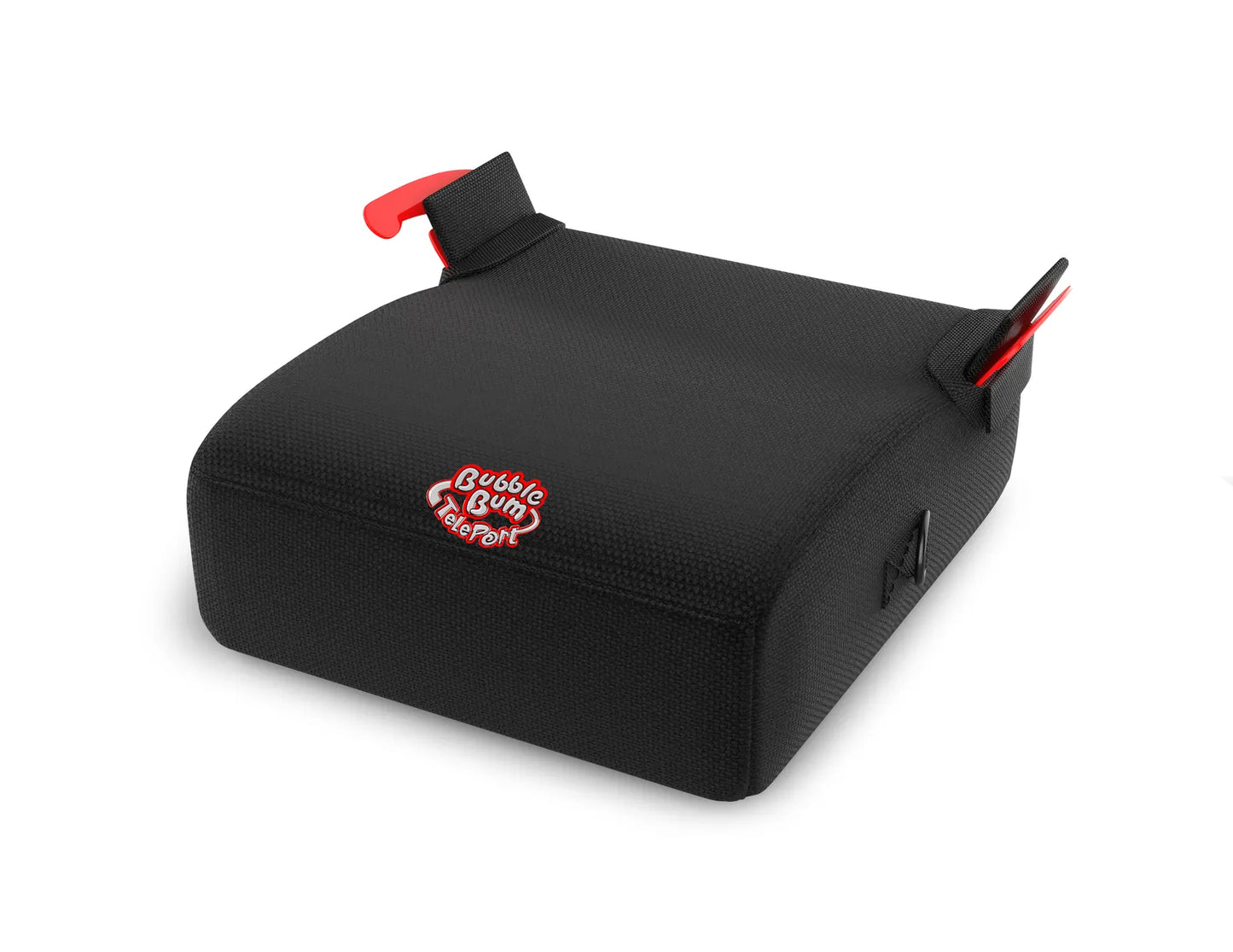 A studio shot of the black BubbleBum TelePort booster seat against a white background. The seat features a durable black fabric cover with the red and white 'BubbleBum TelePort' logo embroidered on the front. Two red metal seat belt positioning clips are visible on the sides, and a black metal D-ring is attached to the right side for strap connectivity.