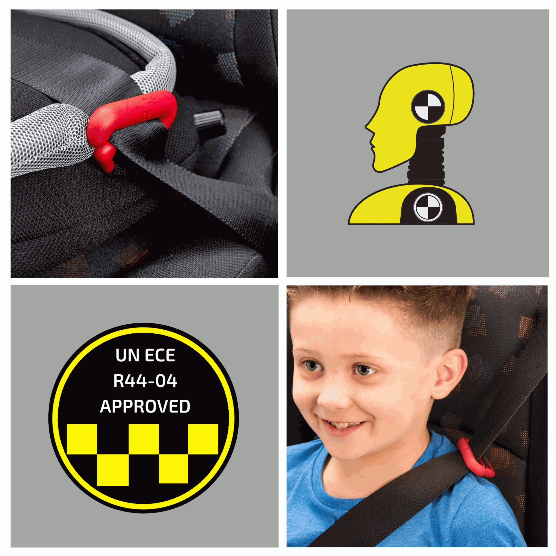 A four-panel safety graphic for BubbleBum: Top left shows a red shoulder belt positioning clip in use; top right displays a yellow crash test dummy icon; bottom left shows a 'UN ECE R44-04 APPROVED' certification seal; bottom right features a young boy smiling with a properly positioned seatbelt.