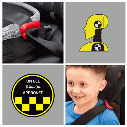 A four-panel safety graphic for BubbleBum: Top left shows a red shoulder belt positioning clip in use; top right displays a yellow crash test dummy icon; bottom left shows a 'UN ECE R44-04 APPROVED' certification seal; bottom right features a young boy smiling with a properly positioned seatbelt.