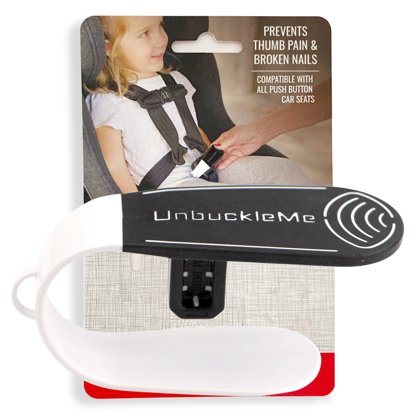 UnbuckleMe product with packaging showing a child in a car seat.