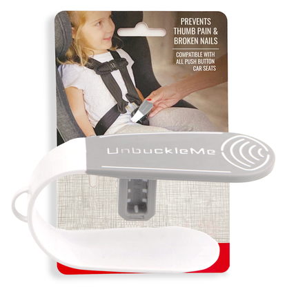 UnbuckleMe car seat safety device with packaging showing a child in a car seat.