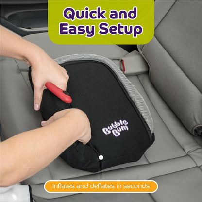 Infographic titled 'Quick and Easy Setup' showing a pair of hands holding a black BubbleBum booster seat on a grey car seat. A caption at the bottom states 'Inflates and deflates in seconds,' highlighting the product's ease of use.