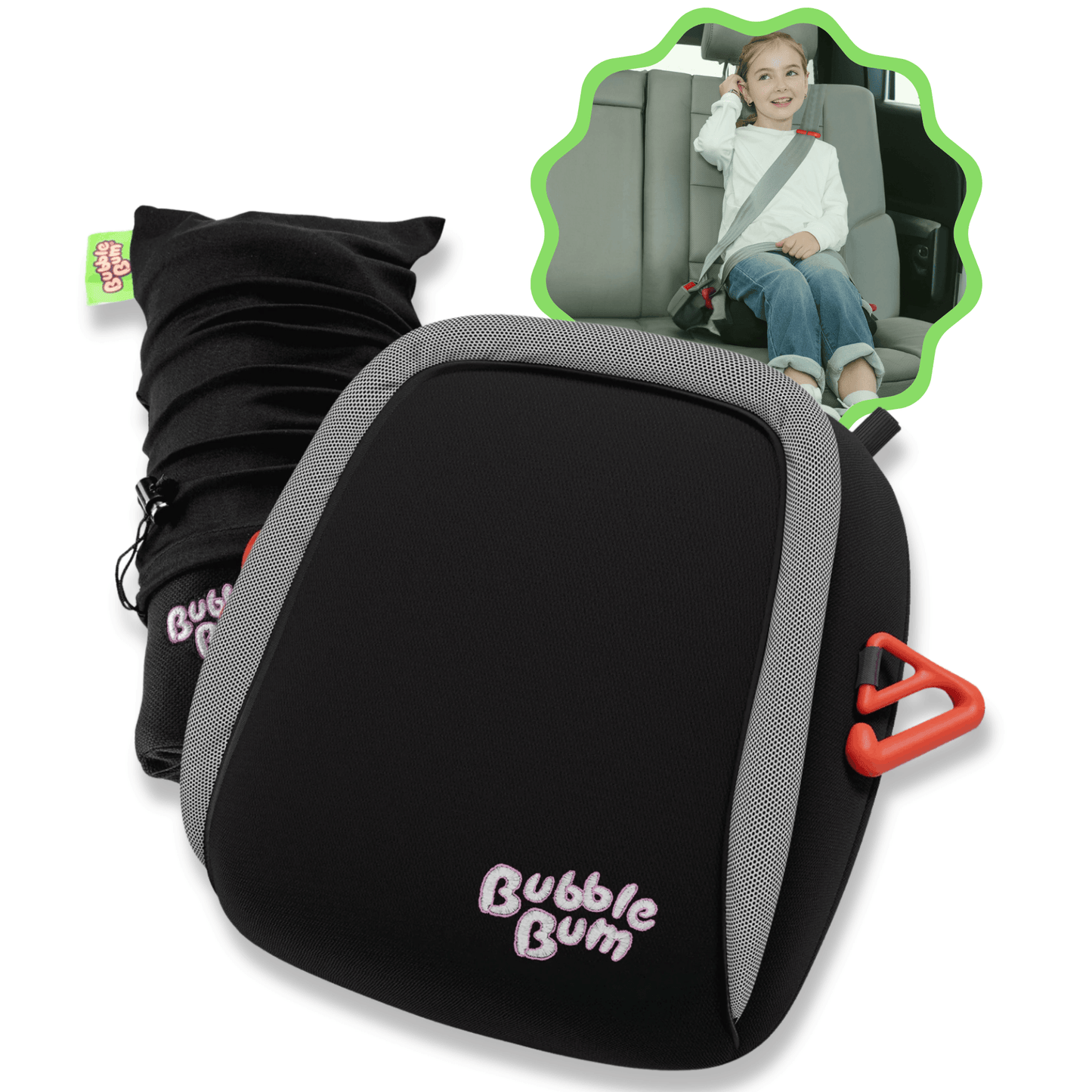 Black and gray 'Bubble Bum' car seat booster with a child in a car seat in the corner.