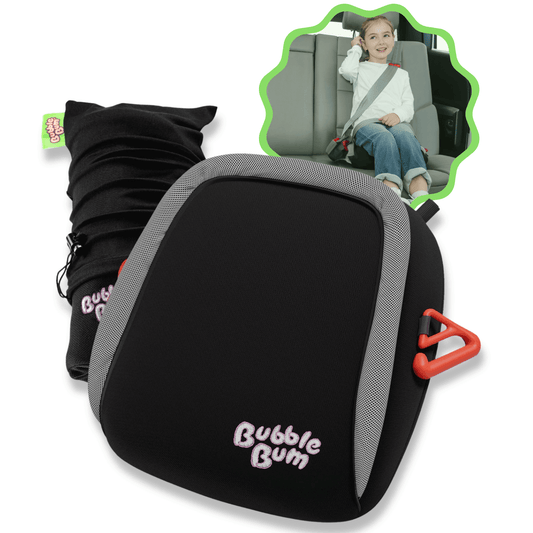 Black and gray 'Bubble Bum' car seat booster with a child in a car seat in the corner.