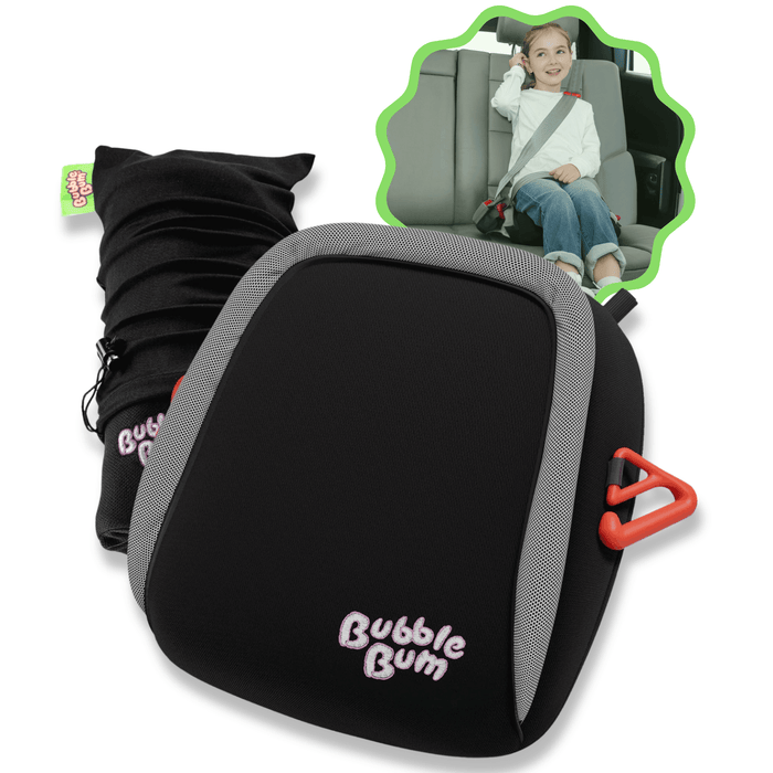 Black and gray 'Bubble Bum' car seat booster with a child in a car seat in the corner.