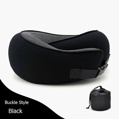 Black buckle-style travel neck pillow with storage bag.