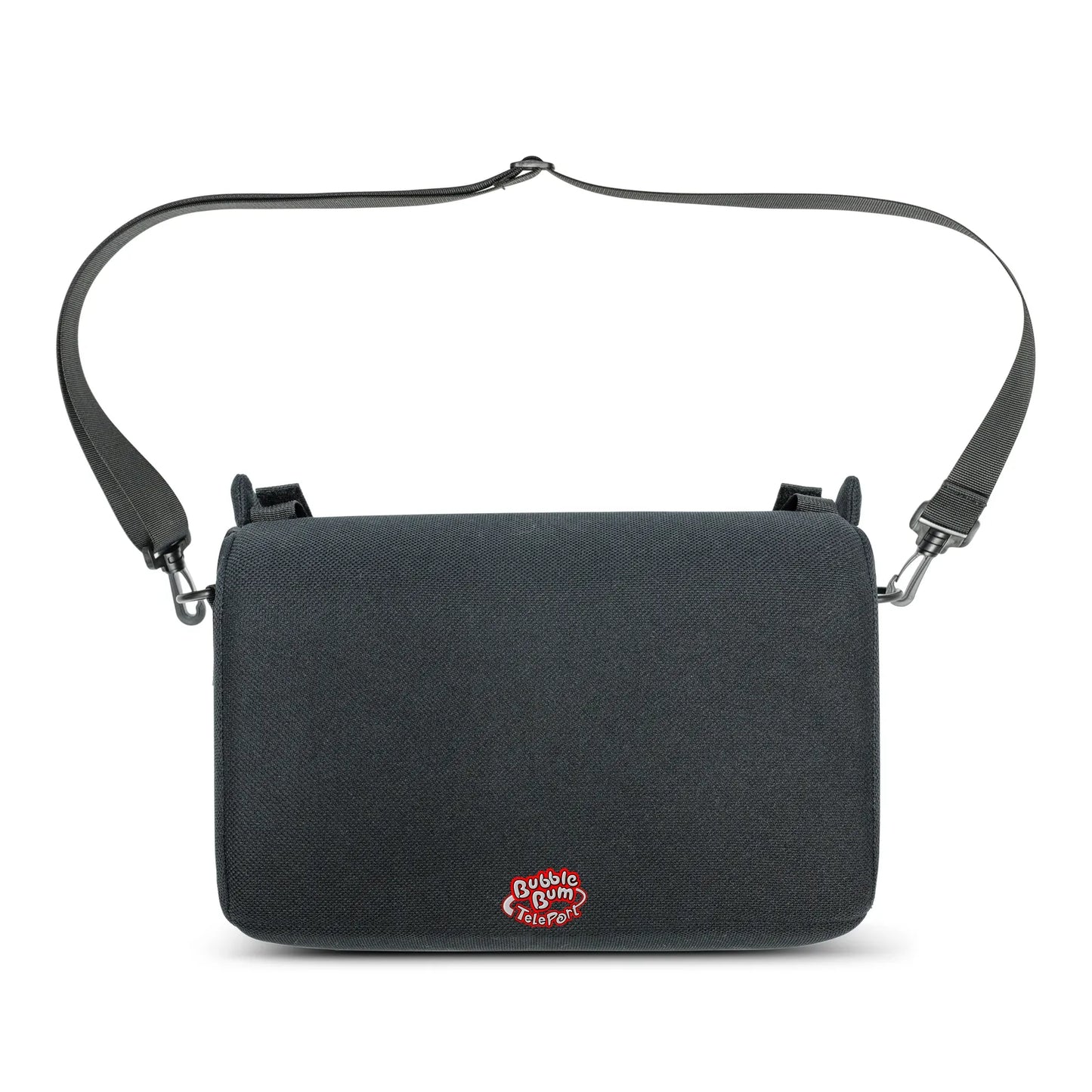 A black, rectangular travel bag for the BubbleBum TelePort booster seat, featuring an adjustable black shoulder strap attached by swivel hooks. The red and white BubbleBum TelePort logo is centered at the bottom of the bag. The bag has a clean, minimalist design intended for easy carrying while traveling.