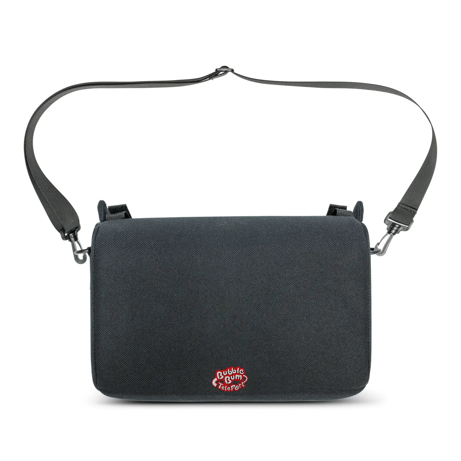A black, rectangular travel bag for the BubbleBum TelePort booster seat, featuring an adjustable black shoulder strap attached by swivel hooks. The red and white BubbleBum TelePort logo is centered at the bottom of the bag. The bag has a clean, minimalist design intended for easy carrying while traveling.