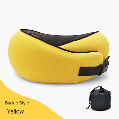 Yellow buckle-style travel neck pillow with storage bag.