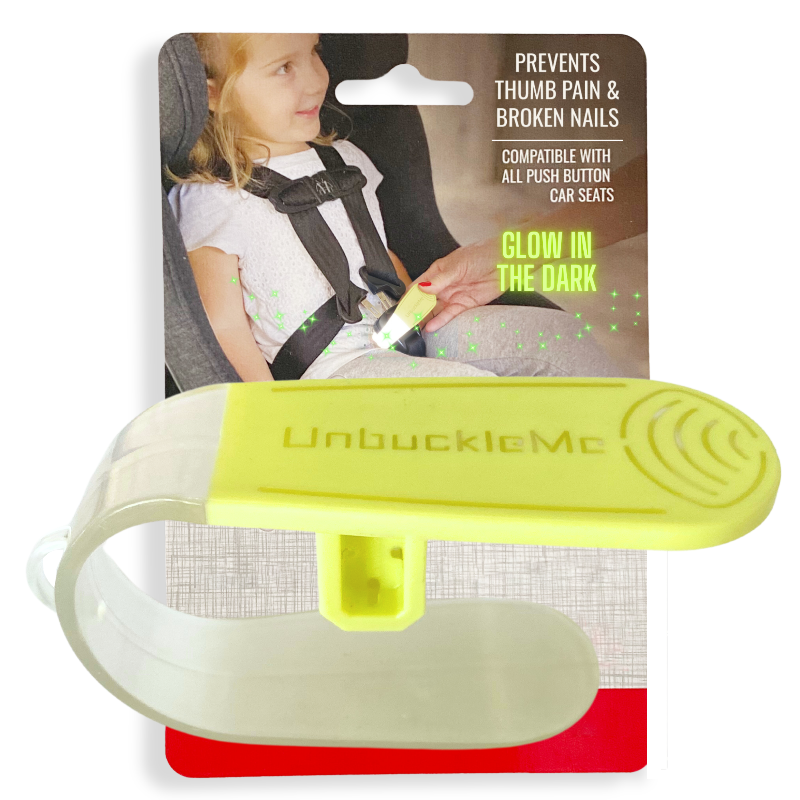 UnbuckleMe car seat safety device with packaging showing a child in a car seat.