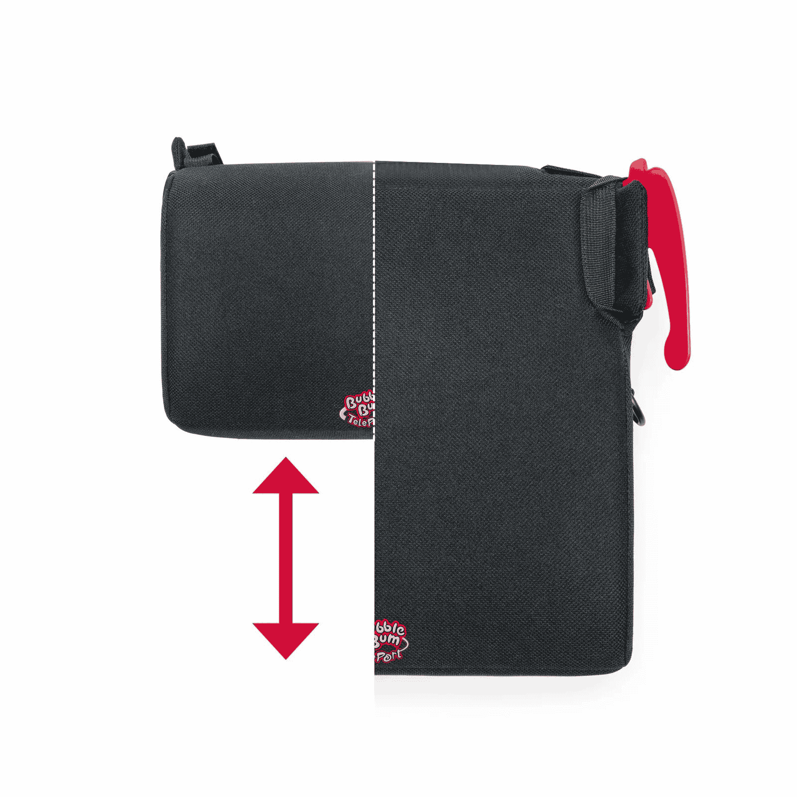 A split-screen graphic demonstrating the folding capability of the black BubbleBum TelePort booster seat. The left side shows the seat in its compact, folded travel mode, while the right side shows the seat fully unfolded and ready for use with a red metal seat belt clip visible. A red double-headed arrow indicates the vertical expansion and contraction of the seat.