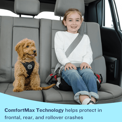 A young girl and a small brown dog sit side-by-side in the back seat of a car. The girl is smiling, wearing a seatbelt, and using a BubbleBum booster seat. The dog is wearing a black safety harness. A blue graphic at the bottom features the text: "ComfortMax Technology helps protect in frontal, rear, and rollover crashes."