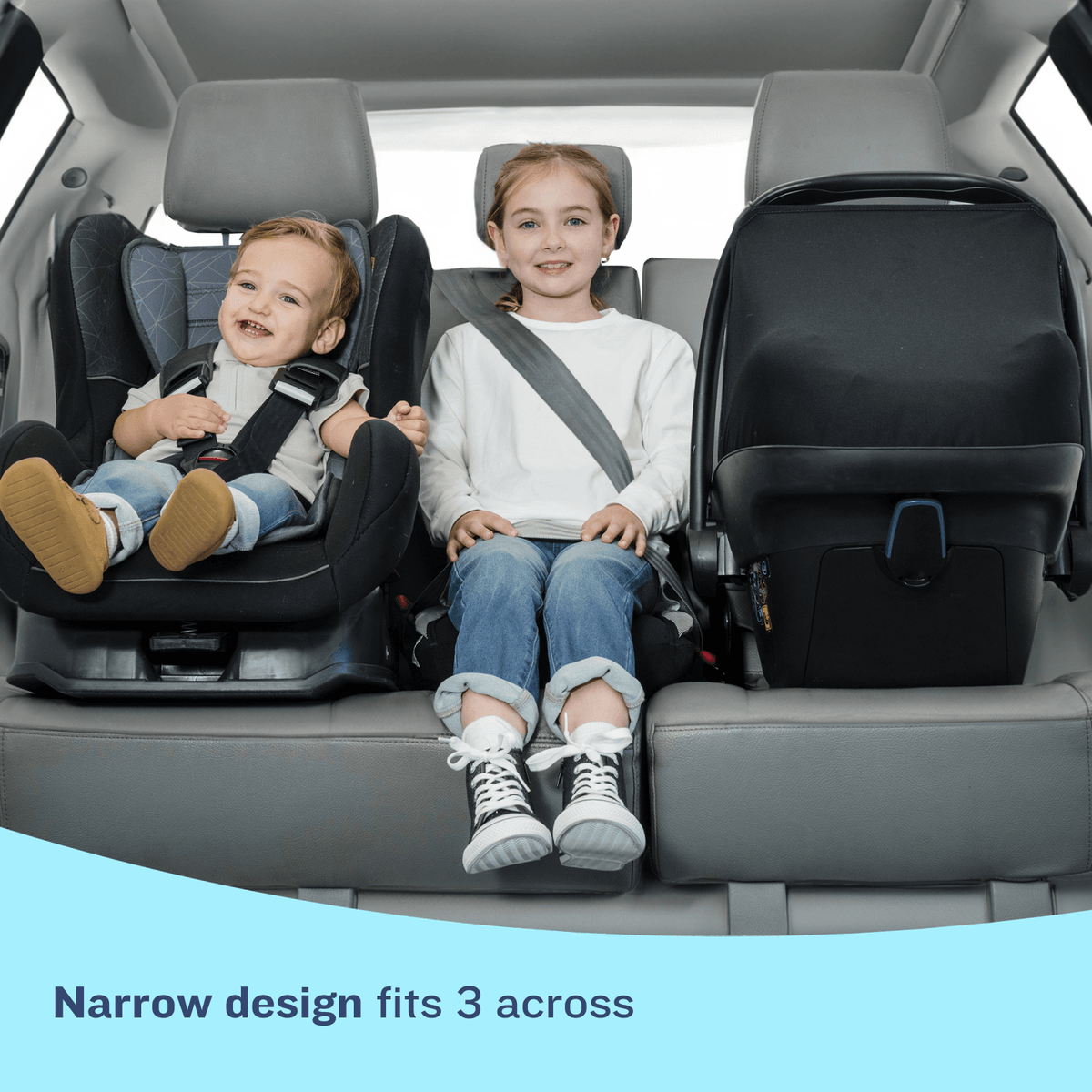 Three children sit side-by-side in the back seat of a car. On the left, a toddler is in a standard car seat; in the middle, a young girl uses a low-profile BubbleBum inflatable booster; and on the right is a rear-facing infant carrier. A light blue graphic at the bottom contains the text: "Narrow design fits 3 across.