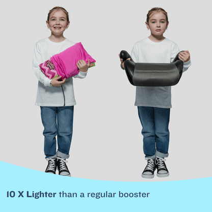 A composite image of a young girl standing against a plain background. On the left, she is smiling and holding the BubbleBum booster seat compactly rolled up in its pink travel bag. On the right, she holds the same booster seat fully inflated and ready for use, showing its mesh seating surface and armrests.