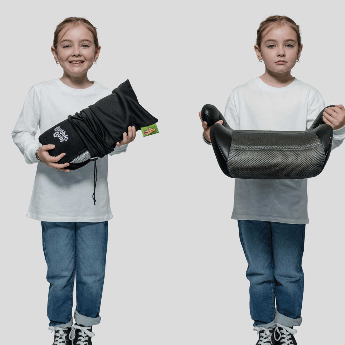 A composite image of a young girl standing against a plain background. On the left, she is smiling and holding the BubbleBum booster seat compactly rolled up in its black travel bag. On the right, she holds the same booster seat fully inflated and ready for use, showing its mesh seating surface and armrests.