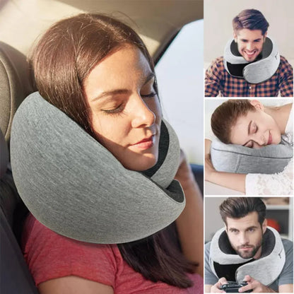 Collage showing various ways to use a gray 360-degree travel neck pillow for sleeping, traveling, and neck support.