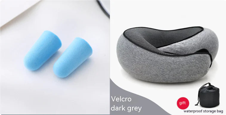Dark grey Velcro travel pillow set with blue earplugs and storage bag.