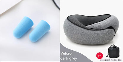 Dark grey Velcro travel pillow set with blue earplugs and storage bag.