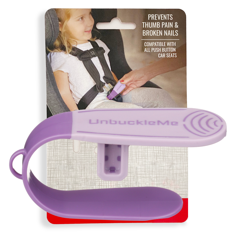 Purple 'UnbuckleMe' car seat safety device with packaging showing a child in a car seat.