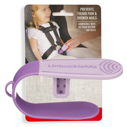 Purple 'UnbuckleMe' car seat safety device with packaging showing a child in a car seat.