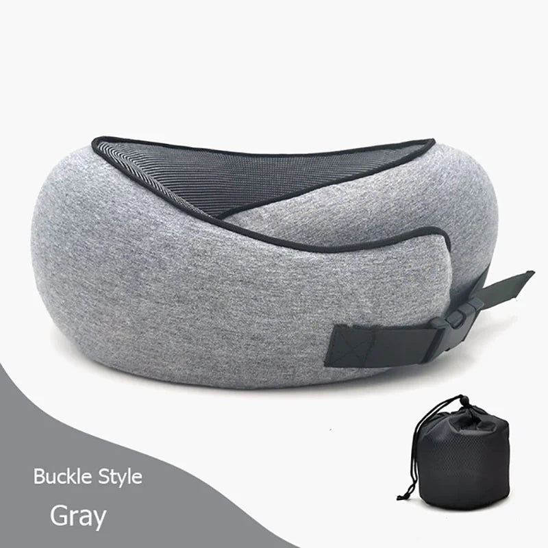 Dark grey Velcro travel neck pillow with a waterproof storage bag.