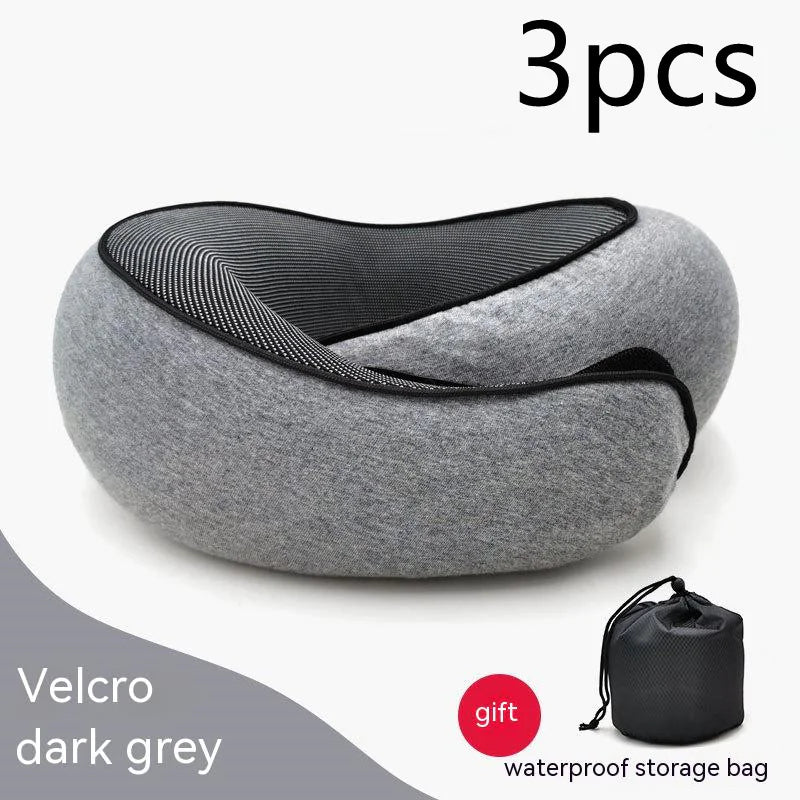 Dark grey Velcro travel neck pillow with a waterproof storage bag.