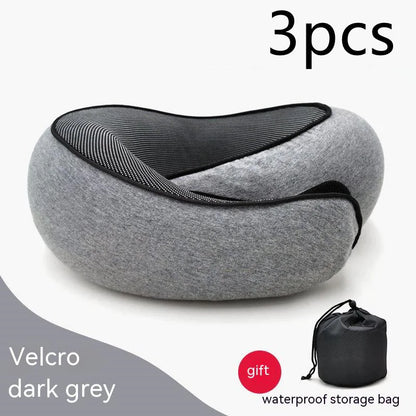 Dark grey Velcro travel neck pillow with a waterproof storage bag.